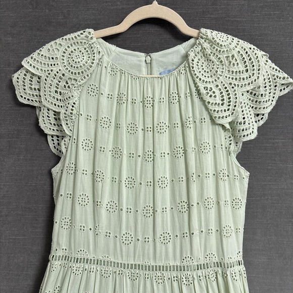 Antonio Melani Dress 10 Sage Green Tiered Eyelet Lace Flutter Midi Boho Preppy - Picture 4 of 11